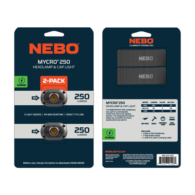 Pack Linternas Frontales Recargables NEBO Mycro 250 Lúmenes